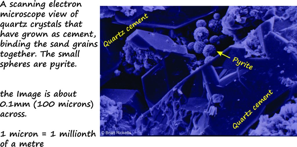 Scanning Electron Microscope view of sandstone showing details of quartz cement