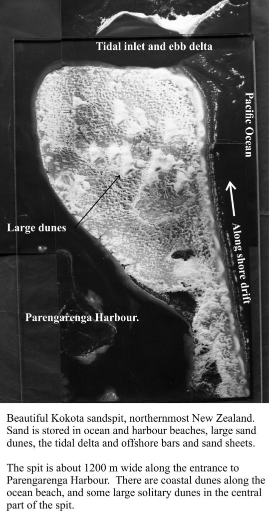 Kokota spit, northernmost NZ, and associated lagoon (harbour), tidal channels, ocean beach and shelf, and ebb tidal delta