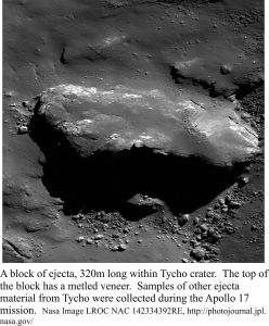 Lunar Tycho crater ejecta with a veneer of melted rock formed during the impact