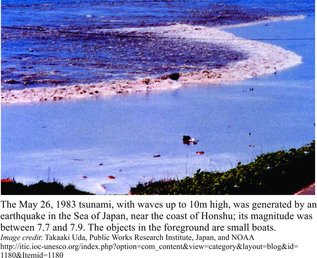 May 26, 1983 tsunami near coast of Honshu, Japan. Boats in foreground for scale