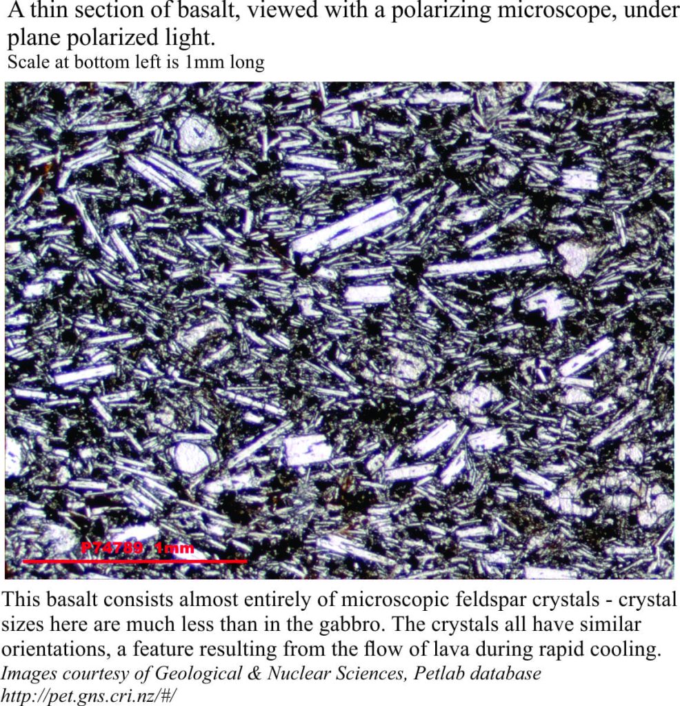 Thin section of basalt showing flow-aligned feldspar laths