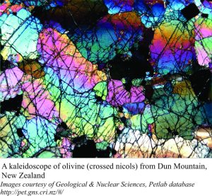 Thin section of olivine undercrossed nicols showing a kaleidoscope of interference colours