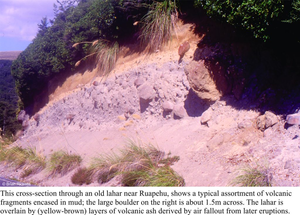 Road cut through a lahar from Ruapehu volcano, NZ.