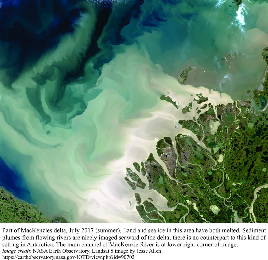 Sediment plumes delivered from channels at MacKenzie delta front, 2017