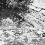 Isoclinal folding in thin-bedded mudstone-sandstone (left center), and a sandy turbidite bed deformed by rotated boudins (upper right). All these structures formed while the sediment was at a transition from relatively soft to weakly indurated. Early Miocene Waitemata Basin, Army Bay, north Auckland.