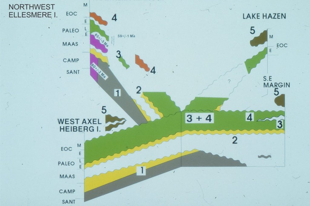 Sequence stratigraphic framework for the Late Cretaceous - Paleogene Eureka Sound Group, Canadian Arctic. The numbered sequences are referred to for each outcrop image.