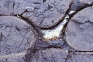 Geopetal structure in the interstice between pillow lavas. Base is filled with hyaloclastite fragments, the top with calcite spar. The contact between these two fills represents a horizontal surface 