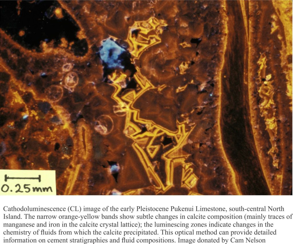 Calcite spar cement stratigraphy revealed by cathodoluminescence. The changes in cement composition (presence of iron and manganese) reflects changes in fluid composition.