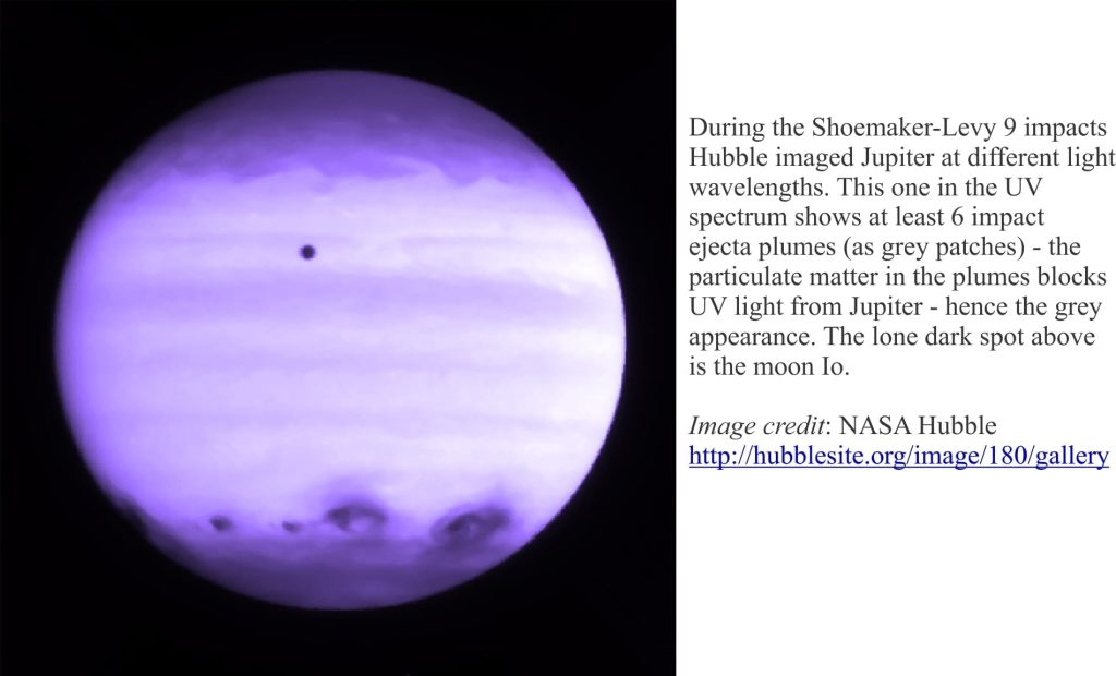 UV spectra image of comet impact ejecta plumes (dark grey) following comet impact on Jupiter