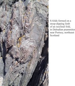 Parasitic S-folds on the steep-dipping limb of an isoclinal fold, in Dalradian psammites, Portsoy, Scotland