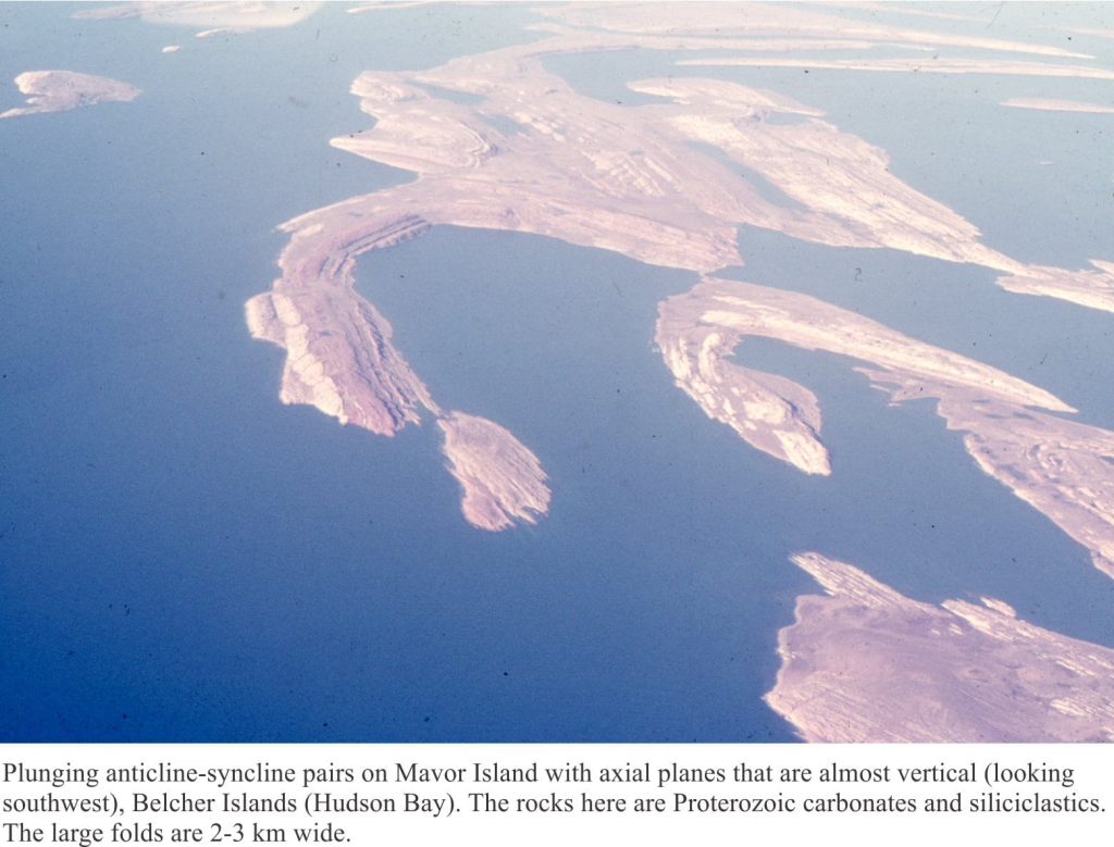 Plunging anticlines and synclines, Belcher Islands. Pluge is towards the top of the image. The large folds are 2-3 km wide