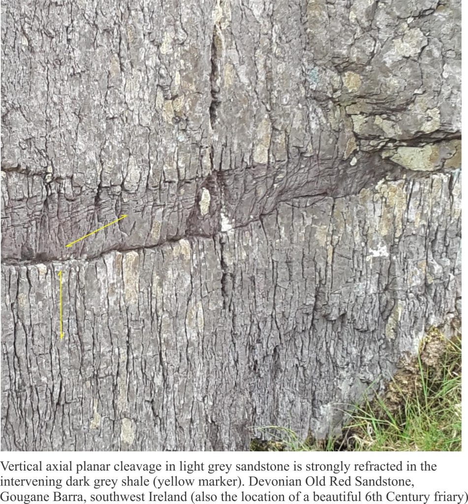 Refracted cleavage in Old Red Sandstone, Gougane Barra, southwest Ireland