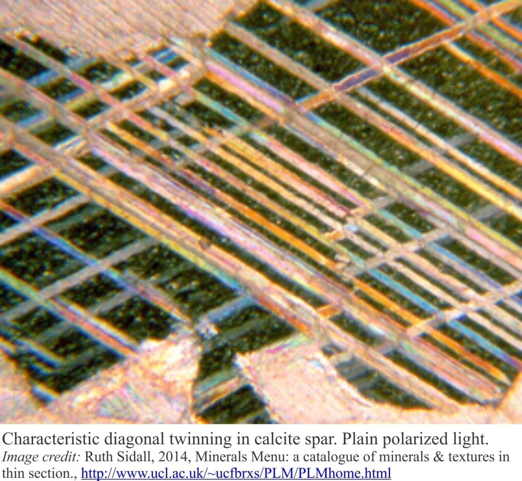 Calcite twinning in thin section, plain polarised light.