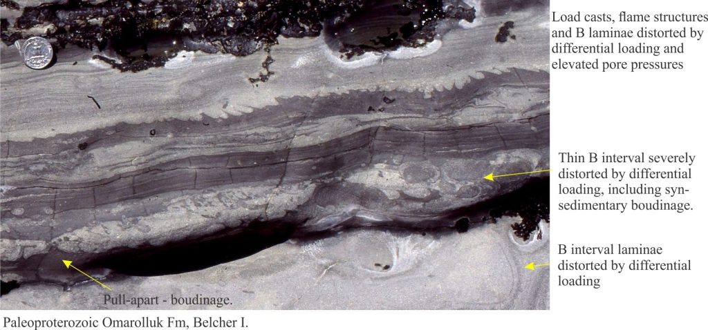 Event bed at base (rip-ups, boudinage, load casts, and flame structures in upper flow unit