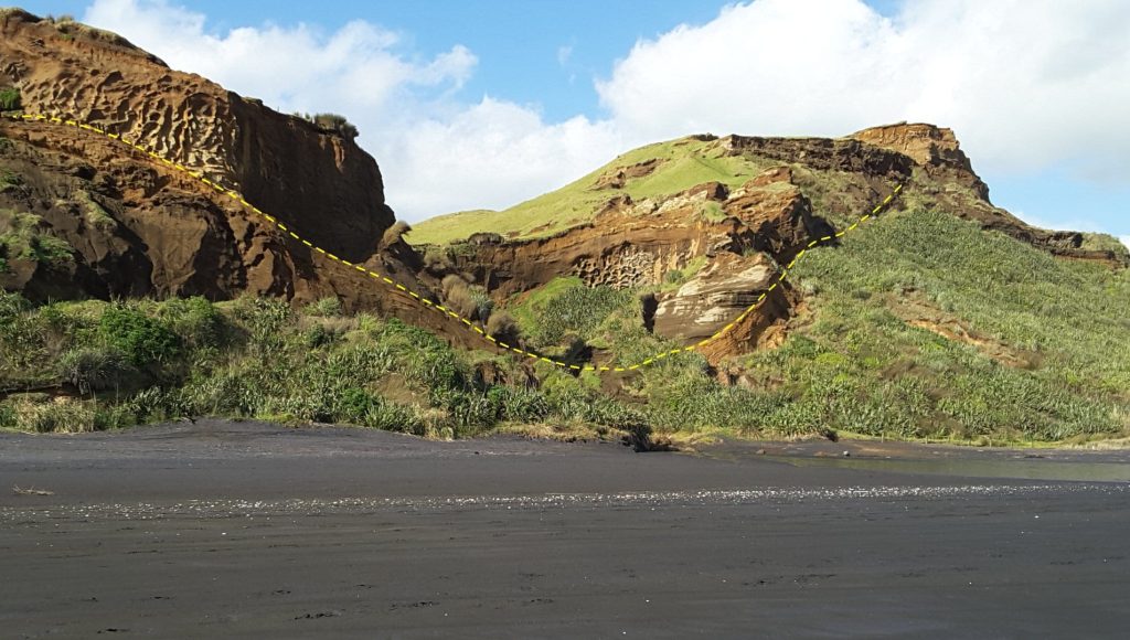 Valley (outlined) erosded into Pleistocene coastal dunes during sea level lowstand. The vallety was later filled by a younger dune complex as sea level rose. Kariotahi, New Zealand