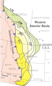 Fore deep migration mapped for a 25 million year interval (Campanian to Early Paleocene), for the Western Interior (foreland) Basin. EC = Early Campanian; MC = middle Campanian; LC = Late Campanian; EM = Early Maastrichtian; EP = Early Paleocene. From Miall and Catuneanu, 2019.