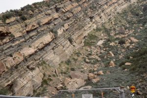 Thin lacustrine delta plain - fluvial cycles (Piru Gorge Member) prograding across the northeast margin of Ridge Basin, California (image taken by a loitering geologist).