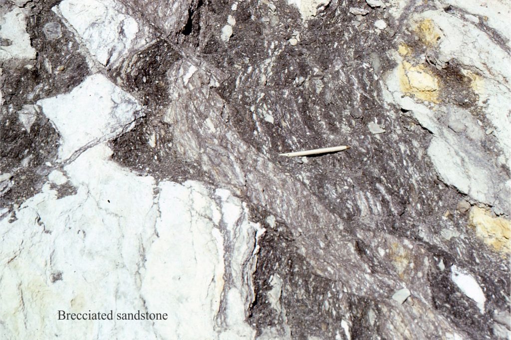 Detail of the thrust fault zone shown in the header image, focusing on the sandstone brecciation, block rotation, and shear fabrics in siltstone and shale – the sandstone is mechanically stronger than the mudrocks. Although individual sandstone blocks retain their permeability, there is little connectivity between blocks, and the overall permeability is low.