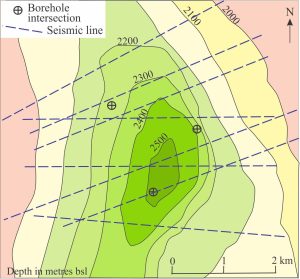 Mapping the structural contours across a stratigraphic unit reveals a three-dimensional picture of its subsurface distribution, deformation, structural relief, and stratigraphic displacement along faults. The structure here is a north-plunging, asymmetric anticline, its eastern limb the steepest. The data needed for this exercise is usually acquired from borehole intersections and velocity-depth conversions from seismic profiles.