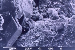 SEM of quartz overgrowth, kaolinite and illite cements in a lithic arenite