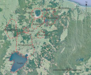 Approximate boundaries of major calderas in the active Taupo Volcanic Zone, New Zealand. Okataina eruption centre and Lake Rotoma are located in the northeast corner. Base map from Google Earth. Caldera boundaries from Leonard et al. 2010. 