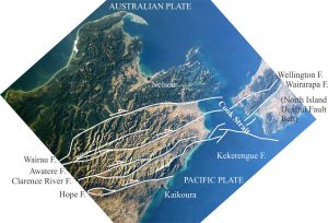 The Marlborough strike-slip fault array extends north from the dextral Alpine Fault transform; faults continue across Cook Strait to join the North Island Dextral Fault Belt in the Wellington region (central Aotearoa New Zealand). In Marlborough and beneath Cook Strait there are several pull-apart basins formed at releasing bend stepovers. Sandbox analogue models can help us decipher the mechanical and kinematic processes that produce structures like these. Base image from NASA – International Space Station 2003.