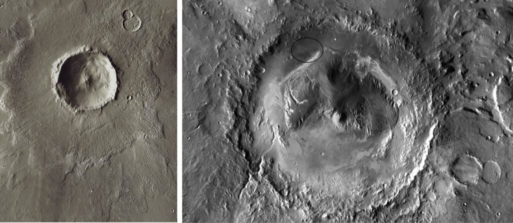 Two Martian craters with significantly different degrees of preservation. Left: The Upper Amazonian Bacolor crater in Northern Lowlands is a relatively fresh impact with a well preserved 2-layer ejecta blanket – ejecta ray paths are easily identified. The first layer developed from the initial impact blast that distributed superheated rock and ice radially. The second layer formed from gravitational collapse of a central column. The crater is 20 km in diameter. Image from the Thermal Emission Imaging System instrument on NASA's Mars Odyssey orbiter, 2005. Image Credit: NASA/JPL-Caltech/ASU

Right: Gale crater in Elysium Planitia – Southern Highlands. Its model age is 3.6 – 4.1 Ga (Noachian to Early Hesperian. Diameter is 154 km; The crater rim is highly degraded by erosion and gravitational collapse. The central peak is Mt. Sharp (Aeolis Mons). During the Noachian lacustrine deposits onlapped Mt. Sharp during rising water levels. Subsequent base-level fall eroded some of these strata, redepositing them in deeper parts of the crater basin (e.g., Heydari et al., 2023). Up to 5 km of stratigraphy on Mt Sharp presumably overlies the crater central peak bedrock. The
landing site of Curiosity Rover is indicated by the ellipse. Image Credit: NASA/JPL-Caltech/ASU 