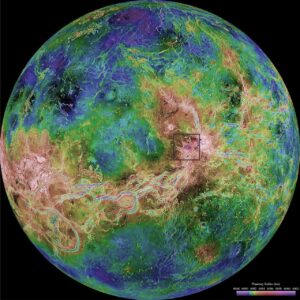 Composite, enhanced colour image of Venus centred at 180° East Longitude, taken by Magellan spacecraft (1990-1994). The region of flow-like structures and edifices is known as Atla Regio (brown hues), that contains two of the planet’s largest volcanoes, Ozza Mons and Maat Mons. An area within the equatorial volcanic complex (black outline) appeared to have changed shape over an 8-month period between 1990 and 1992, that is attributed to lava eruption (Herrick and Hensley, 2023, OA). Image Credit: NASA/JPL-Caltech/USGS