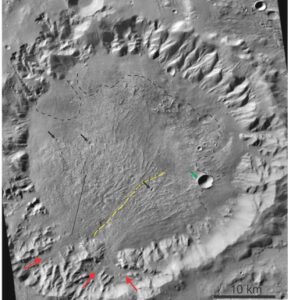 A crater in the Margaritifer Terra region of Mars partly filled by alluvial fans (about 400 km southwest of Eberswalde Crater). The crater is probably Hesperian or older. The northern half of the crater rim is heavily dissected; each gully has acted as a feeder to small alluvial fans that border the northern crater floor. Two large alluvial fans were fed from gullies/canyons on the southwest corner (red arrows). The yellow line indicates the (very) approximate divide between the two fans. Linear to slightly arcuate, commonly bifurcating ridges radiate from the two canyon heads – these are inferred to be old, inverted channels that extend up to 15-20 km from the feeder canyons. Several small craters impacted the large fans (examples indicated by black arrows); these craters also are degraded and partly sediment filled. A more recent, well-preserved crater occurs on the east margin (green arrow). The smaller fans rimming the northern margin are impacted by very few craters. Grant and Wilson (2011) suggest the large fans are late Hesperian or Amazonian based on crater frequencies. (See the post on Martian Stratigraphy)
Raw Image credit: NASA Mars Reconnaissance Orbiter CTX B01_009999_1519_ XI_28S027W