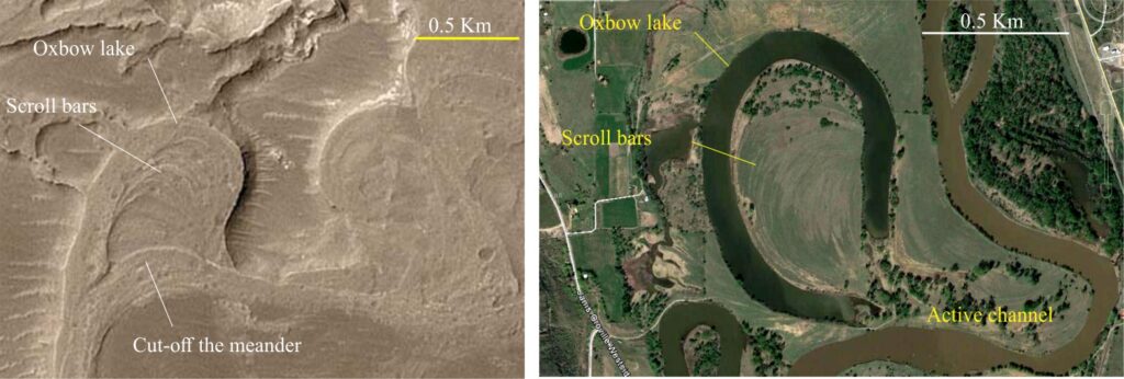 Detail of channel meander loops in Eberswelde Delta, and an analogue from Okanagan River, British Columbia (Google Earth image), both at about the same scale. The curved lines (scroll bars) inside each loop are formed by progressive migration of point bars in conjunction with channel migration. In both cases, the
meander loops were cut off as the main channel moved to a shorter route, leaving stranded oxbow lakes. The pale brown, horizontal lines abutting the margins of the Martian loop are presently active sand dunes; the loops themselves are 4.1 to 3.7 billion years old (Noachian Period). Image credit: NASA/JPL/MSSS;