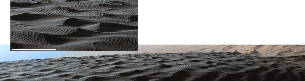 Small subaerial dunes, imaged by Mars Curiosity Rover. Dunes are about 3m apart. The inset shows details of the bedforms and superimposed
ripples. The clarity of this image is amazing. Image credit: NASA/JPL-Caltech/MSSS