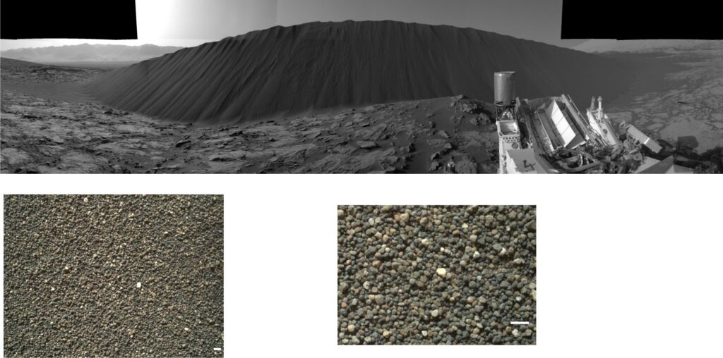 This composite image by Mars Curiosity Rover (December 2015), shows the steep avalanche face of a large dune, that is advancing towards the camera. The streaky look to this steep face is due to small sand avalanches, formed when sand blown across the dune top, eventually falls on the downwind (lee) face. Dune is 4m high. It is advancing about 1m per year.
The inset shows a MAHLI ‘handlens’ view of sand loose grains associated with the wind-blown deposits. The sand is well sorted. The view is 3.6cm by 2.7cm. Bar scale bottom right of inset is 1.125 mm. Image credits: NASA/JPL-Caltech/MSSS
