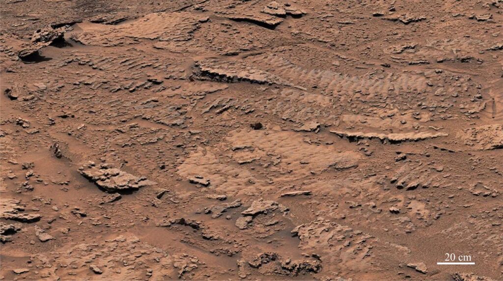 Multiple bedding planes in thin bedded sandstone, each bed containing sets of ripples. Ripple crests are straight to slightly sinuous, and locally bifurcating. They have been interpreted as wave ripples by Mondro et al., 2025. Ripple sets like these are common in modern and ancient subaqueous environments on Earth, where surface wave orbitals interact with the sediment-water interface. Imaged by Curiosity rover. Image credit: NASA/JPL-Caltech/MSSS.