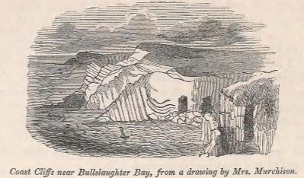 Deformed Carboniferous limestone exposed in cliffs near Bullslaughter Bay, south Pembrokeshire. One of Charlotte Murchison’s sketches in her husband’s publication on the Silurian System, Part 1 (John Murray publishers) p. 382 (op cit.).