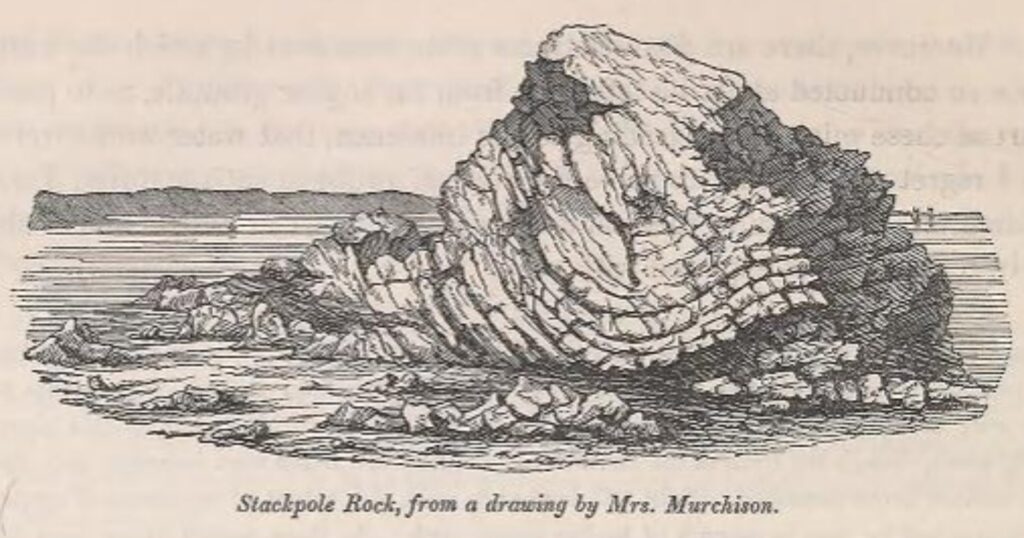 One of the many sea stacks formed of Carboniferous rocks in the Stack Cliffs area of Pembrokeshire. From a sketch by Charlotte Murchison, p. 370, Chapter XXVIII in Murchison’s Silurian System, Part 1 (John Murray publishers – Op cit).
