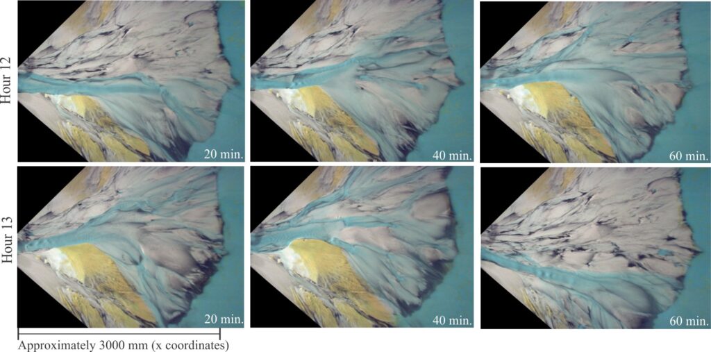 Six scans taken at 20-minute intervals during hours 12 and 13 of the 26-hour period of deposition that initiated the fluvial and submerged components of the experimental delta. Flow and sediment dispersal were derived from a point-source at the far left of each image. The transitions from active to inactive channels occur over a few minutes, responding primarily to development of local subaerial relief. The fluvial segment of the delta provides temporary storage for sediment en route to the ‘submarine’ basin. Images provided courtesy of Chris Paola.