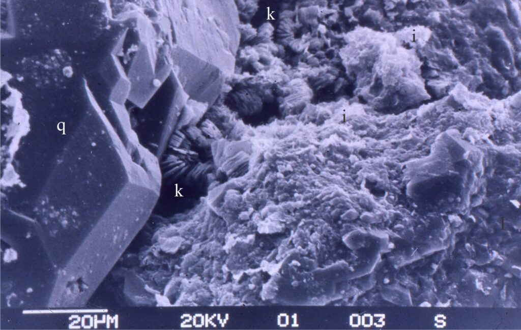 Expanded SEM view of cements in the well-sorted sandstone shown above. The earliest diagenetic phase here is quartz overgrowths on monocrystalline (single-crystal) quartz grains (q). The overgrowths are syntaxial, in optical continuity with the parent grain. Kaolinite books (k) and illite flakes (i) overlie the quartz overgrowths -they are a later product of diagenesis that reflect changes to the interstitial fluid chemistry. Cretaceous Ellerslie Fm. Alberta Basin.