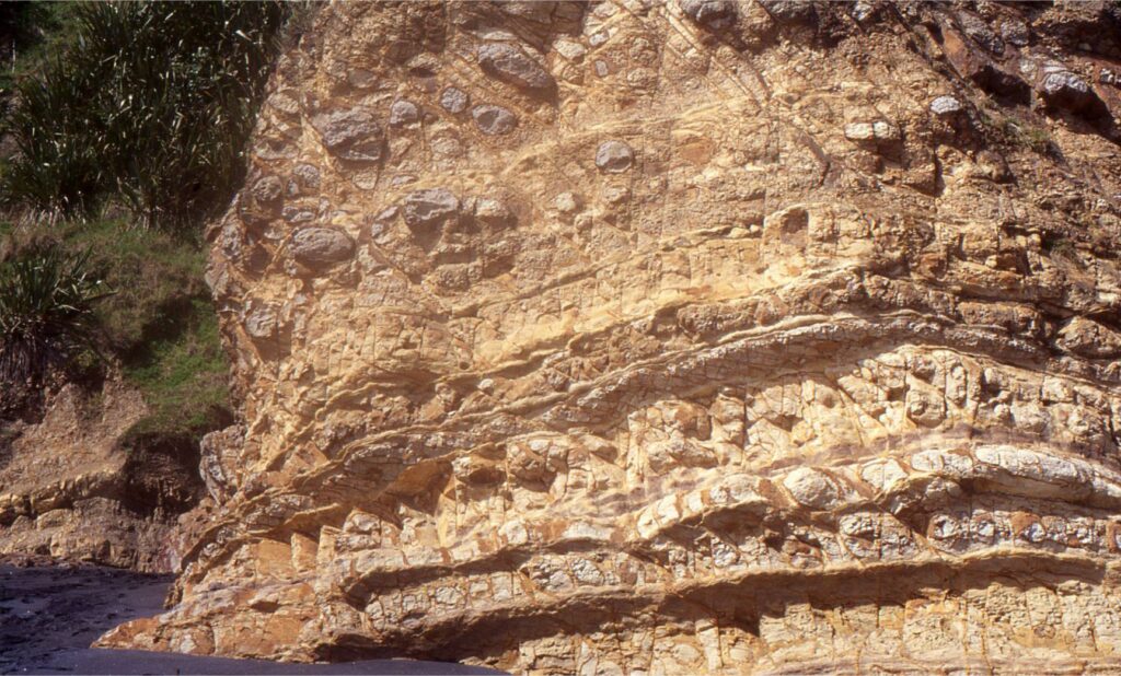 A more expansive view of the saprolite profile developed in Triassic lithic arenites. Bedding and fracture planes are preserved throughout, emphasized by the alteration that includes abundant iron oxides. However, sedimentary structures like ripple crossbeds and trace fossils have been overprinted and are difficult to identify. Kiritehere, New Zealand.