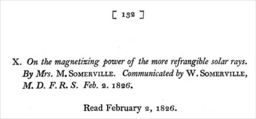 The title to Mary Somerville’s paper, the first by a woman to be read at a Royal Society meeting. 